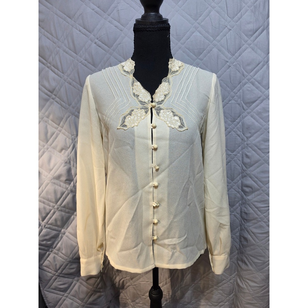 Sidonie S France Vintage Cream Lace Pintuck Button‎ Front Blouse Women Medium